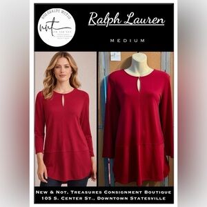 Lauren Ralph Lauren Red Jersey Keyhole Tunic Top 3/4 Sleeve Slim Fit Medium